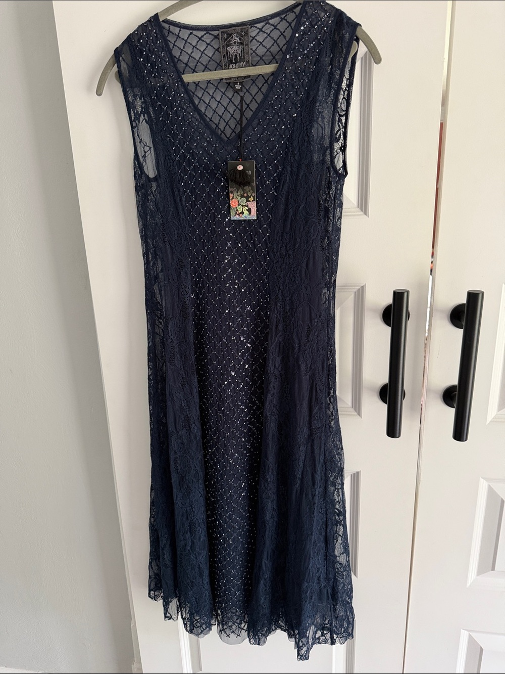 Johnny Was Sleeveless Navy Lace beaded Overlay Dress small